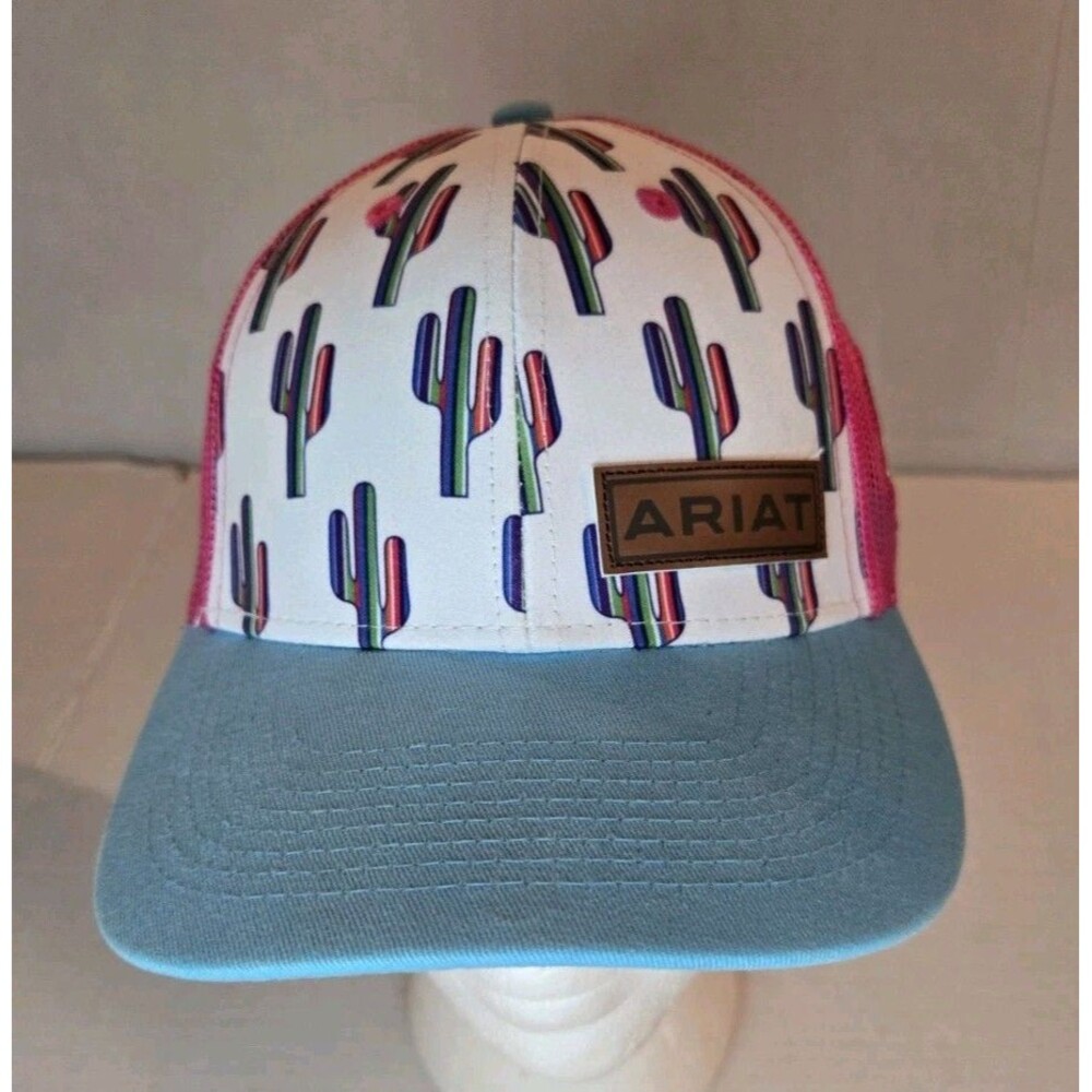 Ariat Youth Cactus Print Cap Blue Bill Pink Mesh Adjustable Snap Back Hat OSFM
